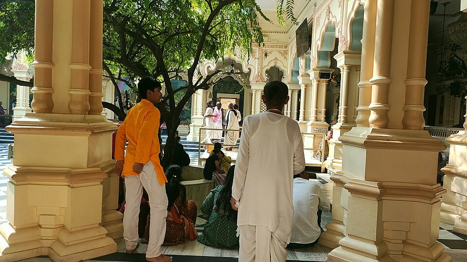 Devotees under the tamal tree in the courtyard of Krishna Balarama Mandir