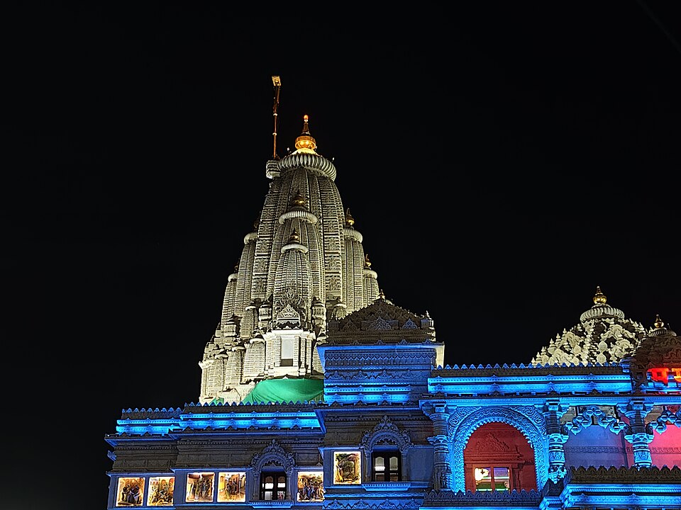 Prem Mandir lit up at night